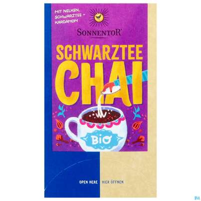 Sie sehen eine Packung Sonnentor Tee/aufgussbeutel Bio Schwarztee Chai 02341 18st, Produktbild: 01 Sonnentor Tee/aufgussbeutel Bio Schwarztee Chai 02341 18st, A-Nr.: 5913320 - 01