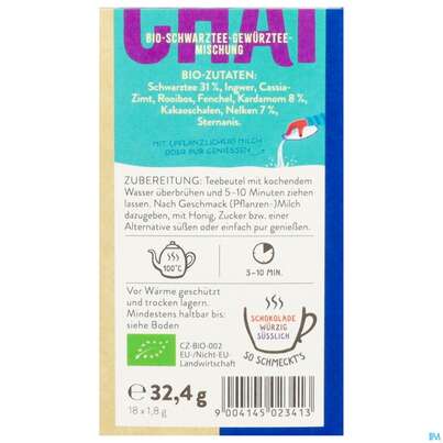 Sie sehen eine Packung Sonnentor Tee/aufgussbeutel Bio Schwarztee Chai 02341 18st, Produktbild: 03 Sonnentor Tee/aufgussbeutel Bio Schwarztee Chai 02341 18st, A-Nr.: 5913320 - 03