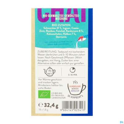 Sie sehen eine Packung Sonnentor Tee/aufgussbeutel Bio Schwarztee Chai 02341 18st, Produktbild: 04 Sonnentor Tee/aufgussbeutel Bio Schwarztee Chai 02341 18st, A-Nr.: 5913320 - 04