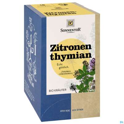 Sie sehen eine Packung Sonnentor Aufgussbeutel/bio Zitronenthymian 02335 18st, Produktbild: 01 Sonnentor Aufgussbeutel/bio Zitronenthymian 02335 18st, A-Nr.: 5913188 - 01