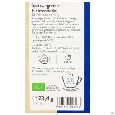 Sie sehen eine Packung Sonnentor Aufgussbeutel/bio Spitzwegerich -fichtennadel 02338 18st, Produktbild: 03 Sonnentor Aufgussbeutel/bio Spitzwegerich -fichtennadel 02338 18st, A-Nr.: 5913136 - 03
