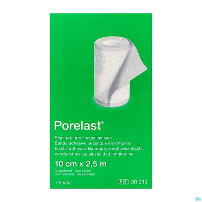 Sie sehen eine Packung Pflasterbinden Porelast Laengselast.ungedehnt 2,5mx 10cm 1st, Produktbild: 10 Pflasterbinden Porelast Laengselast.ungedehnt 2,5mx 10cm 1st, A-Nr.: 5026429 - 10