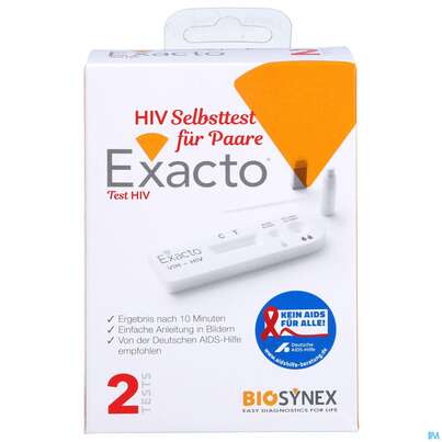Sie sehen eine Packung Diagnostika U.zubehoer Selbsttest Exacto Hiv Fuer Paare 2st, Produktbild: 01 Diagnostika U.zubehoer Selbsttest Exacto Hiv Fuer Paare 2st, A-Nr.: 4942093 - 01