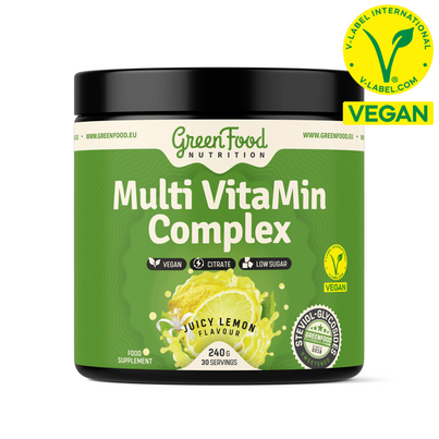 Sie sehen eine Packung GreenFood Nutrition Multi VitaMin Complex 240 G Zitrone, Produktbild: 01 GreenFood Nutrition Multi VitaMin Complex 240 G Zitrone, A-Nr.: 6004677 - 01