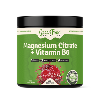 Sie sehen eine Packung GreenFood Nutrition Magnesium Citrate + Vitamin B6 150 G Himbeere, Produktbild: 01 GreenFood Nutrition Magnesium Citrate + Vitamin B6 150 G Himbeere, A-Nr.: 6004565 - 01
