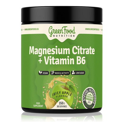Sie sehen eine Packung GreenFood Nutrition Magnesium Citrate + Vitamin B6 150 G Apfel, Produktbild: 01 GreenFood Nutrition Magnesium Citrate + Vitamin B6 150 G Apfel, A-Nr.: 6004571 - 01