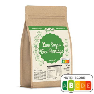 Sie sehen eine Packung GreenFood Nutrition Low Sugar Reis Schnellbrei 500g Kakao, Produktbild: 01 GreenFood Nutrition Low Sugar Reis Schnellbrei 500g Kakao, A-Nr.: 5633879 - 01