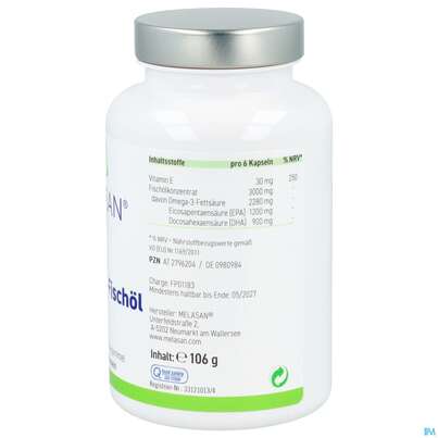 Sie sehen eine Packung Omega -3 Fischoel Kapseln Melasan 500mg 180st, Produktbild: 06 Omega -3 Fischoel Kapseln Melasan 500mg 180st, A-Nr.: 2796204 - 06