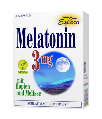 Sie sehen eine Packung Espara Melatonin 3mg Kapseln, Produktbild: 01 Espara Melatonin 3mg Kapseln, A-Nr.: 3957394 - 01