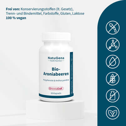 Sie sehen eine Packung NatuGena Bio-Aroniabeeren Kapseln, Produktbild: 03 NatuGena Bio-Aroniabeeren Kapseln, A-Nr.: 5989760 - 03