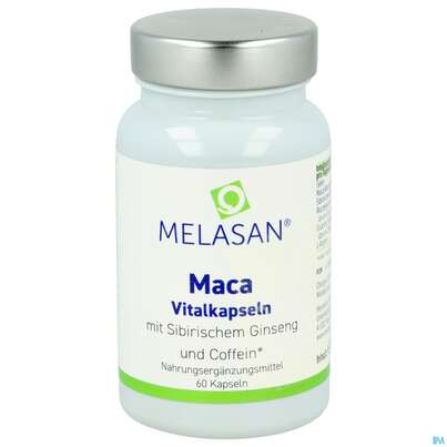 Sie sehen eine Packung Maca Kapseln -melasan 550mg 60st, Produktbild: 02 Maca Kapseln -melasan 550mg 60st, A-Nr.: 2689856 - 02