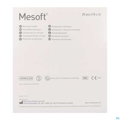 Sie sehen eine Packung Vlieskompressen Mesoft/set Steril 10x 10cm 10x2 20st, Produktbild: 05 Vlieskompressen Mesoft/set Steril 10x 10cm 10x2 20st, A-Nr.: 3322767 - 05