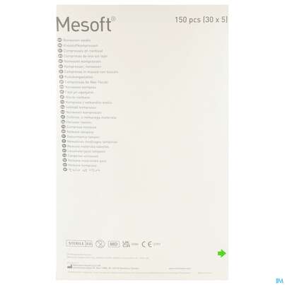 Sie sehen eine Packung Vlieskompressen Mesoft/set Steril 10x 10cm 150st (30x5), Produktbild: 08 Vlieskompressen Mesoft/set Steril 10x 10cm 150st (30x5), A-Nr.: 1652331 - 08