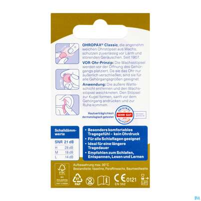 Sie sehen eine Packung Ohrenschutz Ohropax/classic Ohrstoepsel Wachs Haengeverpackung Pohrc 12st, Produktbild: 02 Ohrenschutz Ohropax/classic Ohrstoepsel Wachs Haengeverpackung Pohrc 12st, A-Nr.: 5955726 - 02