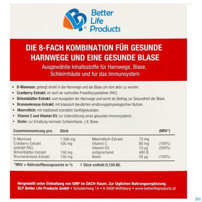 D-mannose Sticks/1500mg +cranberry +vit C+birkenblaett150mg +brunnenkresse 150mg 30st, A-Nr.: 5904829 - 04
