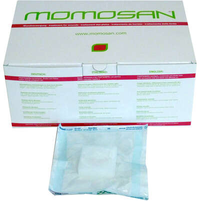 Sie sehen eine Packung MOMOSAN-weiss steril Woundcleaner 5x5x2cm, 10 Stück, Produktbild: 02 MOMOSAN-weiss steril Woundcleaner 5x5x2cm, 10 Stück, A-Nr.: 5989731 - 02