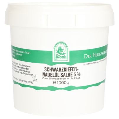 Sie sehen eine Packung SCHWARZKIEFERNADELÖL SALBE 5% 1000 G, Produktbild: 01 SCHWARZKIEFERNADELÖL SALBE 5% 1000 G, A-Nr.: 5802690 - 01