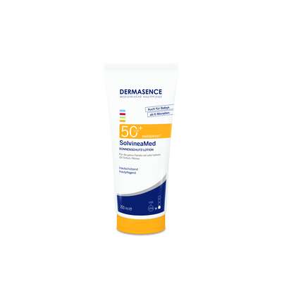 Sie sehen eine Packung DERMASENCE SolvineaMed Sonnenschutz-Lotion LSF50+, Produktbild: 01 DERMASENCE SolvineaMed Sonnenschutz-Lotion LSF50+, A-Nr.: 6002158 - 01