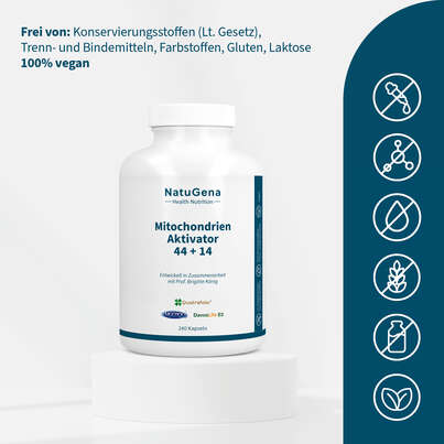 Sie sehen eine Packung NatuGena MitochondrienAktivator 44+14 Kapseln, Produktbild: 03 NatuGena MitochondrienAktivator 44+14 Kapseln, A-Nr.: 5901185 - 03