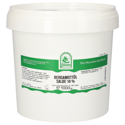 Sie sehen eine Packung BERGAMOTTOEL SALBE 10% 1000G, Produktbild: 01 BERGAMOTTOEL SALBE 10% 1000G, A-Nr.: 5303805 - 01