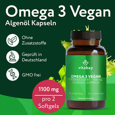 Vitabay Omega 3 vegan Hochdosiert - 1.100mg - Algenöl Kapseln, A-Nr.: 6049220 - 03