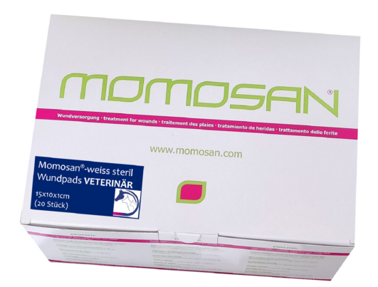 Sie sehen eine Packung MOMOSAN-weiss steril Wund-Pads VETERINÄR 15x10x1, 20 Stück, Produktbild: 01 MOMOSAN-weiss steril Wund-Pads VETERINÄR 15x10x1, 20 Stück, A-Nr.: 5959291 - 01