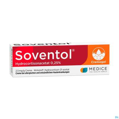 Sie sehen eine Packung Soventol Hydrocortisonacetat Creme 0,25% 20g, Produktbild: 03 Soventol Hydrocortisonacetat Creme 0,25% 20g, A-Nr.: 5518701 - 03