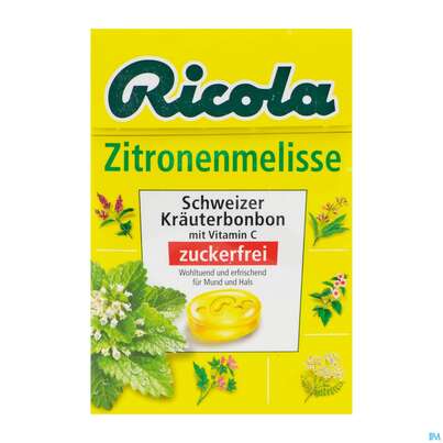 Sie sehen eine Packung Ricola Zuckerfrei Zitronenmelisse Box 50g, Produktbild: 01 Ricola Zuckerfrei Zitronenmelisse Box 50g, A-Nr.: 5627494 - 01
