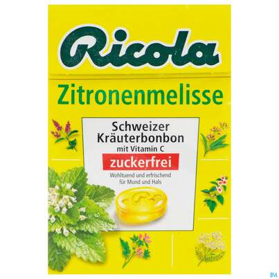 Sie sehen eine Packung Ricola Zuckerfrei Zitronenmelisse Box 50g, Produktbild: 02 Ricola Zuckerfrei Zitronenmelisse Box 50g, A-Nr.: 5627494 - 02