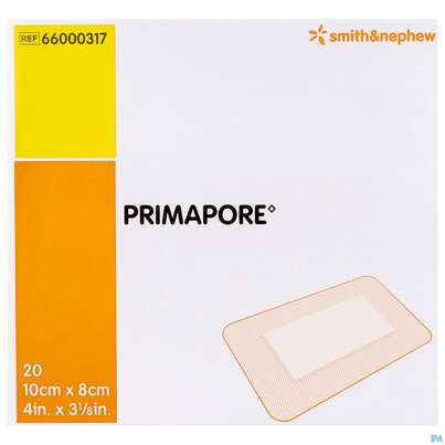 Sie sehen eine Packung Wundverband Primapore Steril 8x 10cm 20st, Produktbild: 02 Wundverband Primapore Steril 8x 10cm 20st, A-Nr.: 2213562 - 02