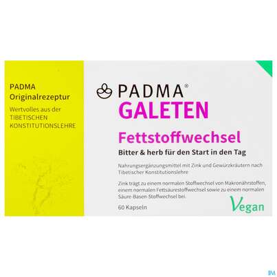 Sie sehen eine Packung Padma Kapseln Galeten Fettstoffwechsel 60st, Produktbild: 01 Padma Kapseln Galeten Fettstoffwechsel 60st, A-Nr.: 5750361 - 01