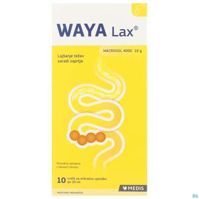 Sie sehen eine Packung Waya Lax Orale Lösung 20ml Makrogol 4000 Beute 10st, Produktbild: 01 Waya Lax Orale Lösung 20ml Makrogol 4000 Beute 10st, A-Nr.: 5885279 - 01