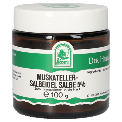Sie sehen eine Packung MUSKATELLERSALBEIÖL SALBE 5% 100 G, Produktbild: 01 MUSKATELLERSALBEIÖL SALBE 5% 100 G, A-Nr.: 5357959 - 01