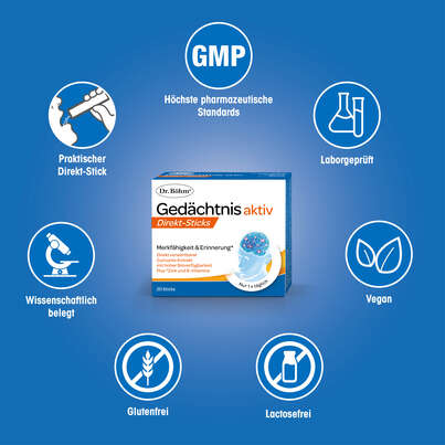 Sie sehen eine Packung Dr. Böhm Gedächtnis aktiv Direkt-Sticks, Produktbild: 04 Dr. Böhm Gedächtnis aktiv Direkt-Sticks, A-Nr.: 5872472 - 04