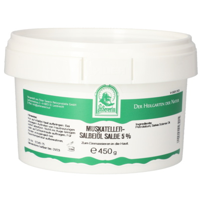 Sie sehen eine Packung MUSKATELLERSALBEIÖL SALBE 5% 450 G, Produktbild: 01 MUSKATELLERSALBEIÖL SALBE 5% 450 G, A-Nr.: 5802342 - 01