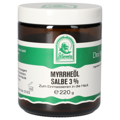 Sie sehen eine Packung MYRRHEÖL SALBE 3% 220 G, Produktbild: 01 MYRRHEÖL SALBE 3% 220 G, A-Nr.: 5802388 - 01
