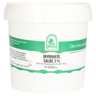 Sie sehen eine Packung MYRRHEÖL SALBE 3% 1000 G, Produktbild: 01 MYRRHEÖL SALBE 3% 1000 G, A-Nr.: 5802402 - 01