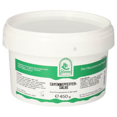 Sie sehen eine Packung CAYENNEPFEFFERSALBE 450 G, Produktbild: 01 CAYENNEPFEFFERSALBE 450 G, A-Nr.: 5713420 - 01