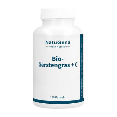 Sie sehen eine Packung NatuGena Bio-Gerstengras + C Kapseln, Produktbild: 01 NatuGena Bio-Gerstengras + C Kapseln, A-Nr.: 6036105 - 01