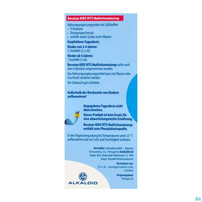 Sie sehen eine Packung Becutan Kids Vits Multivitamin Sirup 100ml, Produktbild: 03 Becutan Kids Vits Multivitamin Sirup 100ml, A-Nr.: 5973256 - 03