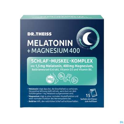 Sie sehen eine Packung Melatonin +magnesium 400 Schlaf-muskel-komplex Dr.theiss 15st, Produktbild: 01 Melatonin +magnesium 400 Schlaf-muskel-komplex Dr.theiss 15st, A-Nr.: 5979046 - 01