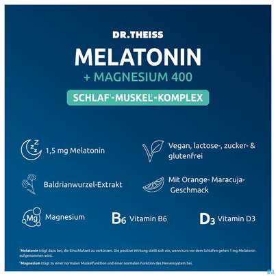 Sie sehen eine Packung Melatonin +magnesium 400 Schlaf-muskel-komplex Dr.theiss 15st, Produktbild: 06 Melatonin +magnesium 400 Schlaf-muskel-komplex Dr.theiss 15st, A-Nr.: 5979046 - 06