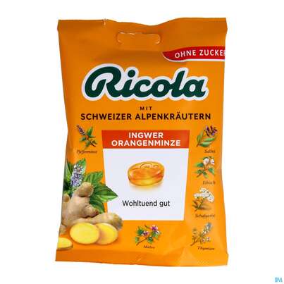 Sie sehen eine Packung Ricola Zuckerfrei Ingwer Orangenminze Beute 75g, Produktbild: 01 Ricola Zuckerfrei Ingwer Orangenminze Beute 75g, A-Nr.: 5627407 - 01