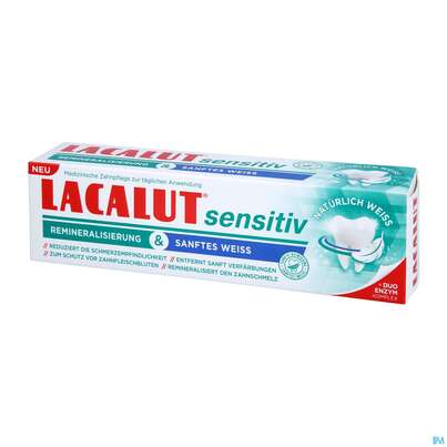 Sie sehen eine Packung Zahncreme Lacalut/sensitiv Remineralisierung Sanftes Weiss 75ml, Produktbild: 02 Zahncreme Lacalut/sensitiv Remineralisierung Sanftes Weiss 75ml, A-Nr.: 5754548 - 02