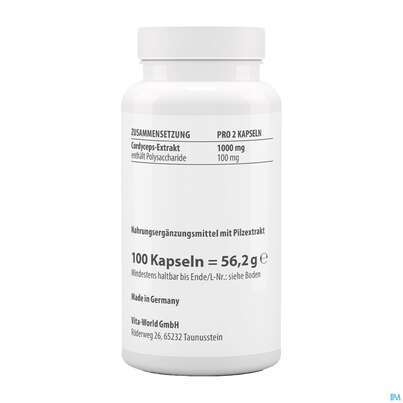 Sie sehen eine Packung Cordyceps Sinensis-extrakt Kapseln Vegetarisch 500mg Vita World 100st, Produktbild: 04 Cordyceps Sinensis-extrakt Kapseln Vegetarisch 500mg Vita World 100st, A-Nr.: 4836439 - 04