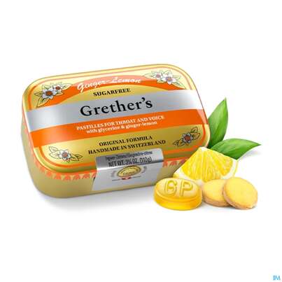 Sie sehen eine Packung Grethers Pastillen Zuckerfrei Ginger Lemon 110g, Produktbild: 09 Grethers Pastillen Zuckerfrei Ginger Lemon 110g, A-Nr.: 5971955 - 09