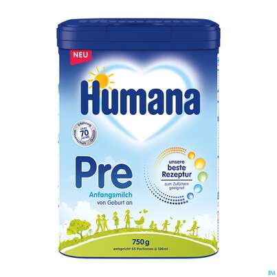 Sie sehen eine Packung Humana Anfangsmilch Pulver Von Geburt An Pre 750g, Produktbild: 01 Humana Anfangsmilch Pulver Von Geburt An Pre 750g, A-Nr.: 5417041 - 01