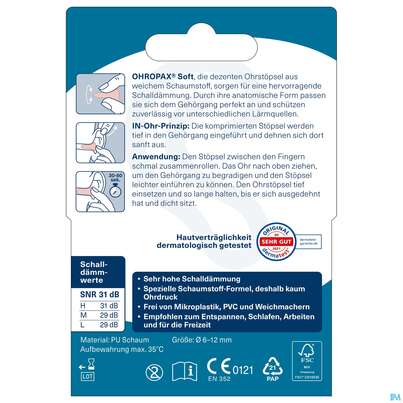 Sie sehen eine Packung Ohrenschutz Ohropax Soft/geraeuscheschutz In Haengeverpackung Pohrs 10st, Produktbild: 08 Ohrenschutz Ohropax Soft/geraeuscheschutz In Haengeverpackung Pohrs 10st, A-Nr.: 5908862 - 08