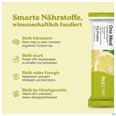 Sie sehen eine Packung Nupo Riegel Fuer 1 Mahlzeit One Meal Bar Zitrone +joghurt 97767 60g, Produktbild: 05 Nupo Riegel Fuer 1 Mahlzeit One Meal Bar Zitrone +joghurt 97767 60g, A-Nr.: 5296637 - 05