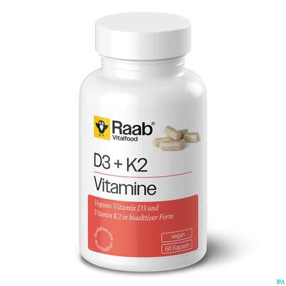 Sie sehen eine Packung Vitamin D3+k2 Kapseln Raab 60st, Produktbild: 01 Vitamin D3+k2 Kapseln Raab 60st, A-Nr.: 5871828 - 01
